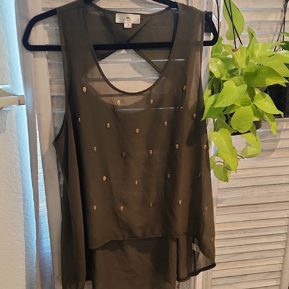 Iris Basic Olive Sleeveless Blouse with Gold Accents